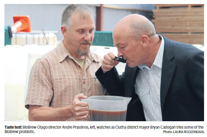 Taste test: BioBrew Otago director Andre Prassinos, left, watches as Clutha district mayor Bryan Cadogan tries some of the BioBrew probiotic. Photo: LAURA ROOZENDAAL